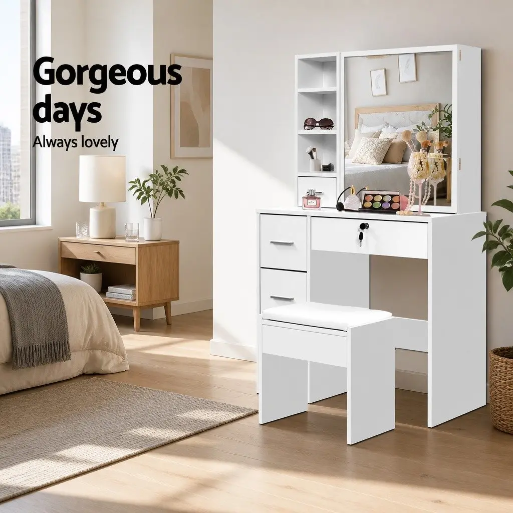Dressing Table Stool Set Sliding Mirror White Bedroom Vanity Storage Drawers