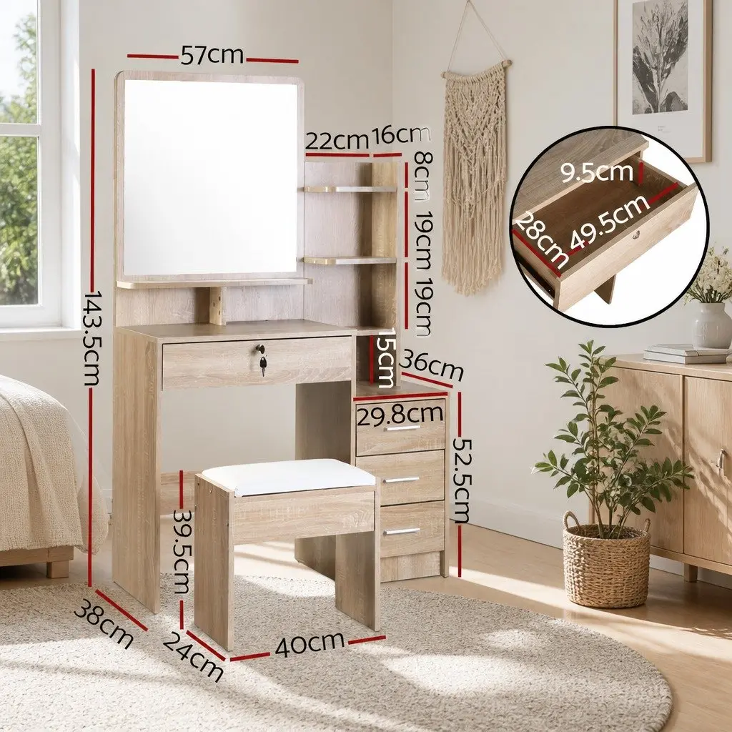 Dressing Table Set Oak Vanity with Mirror 4 Drawers and Stool