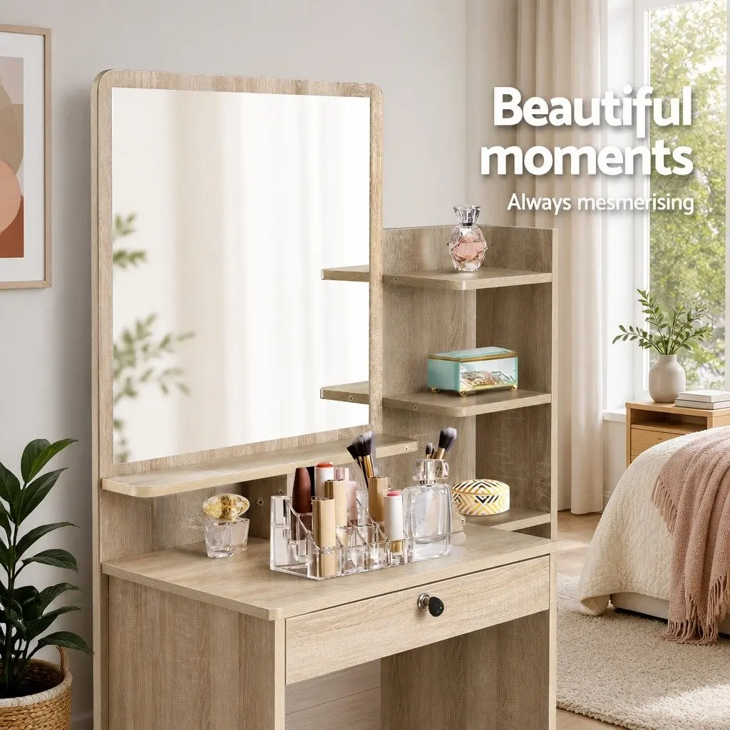 Dressing Table Set Oak Vanity with Mirror 4 Drawers and Stool