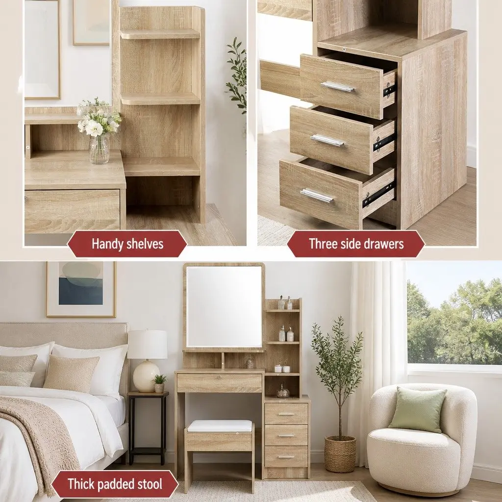 Dressing Table Set Oak Vanity with Mirror 4 Drawers and Stool