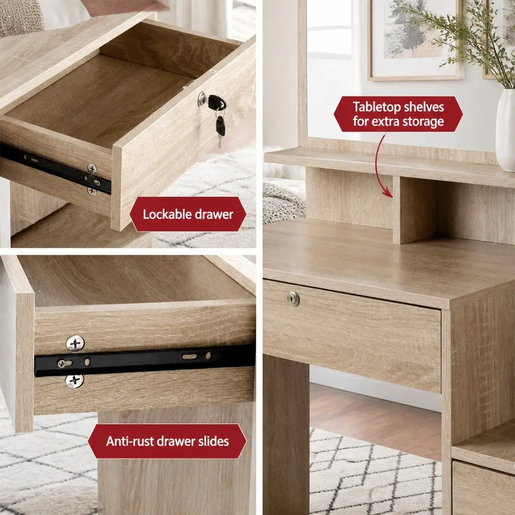 Dressing Table Set Oak Vanity with Mirror 4 Drawers and Stool