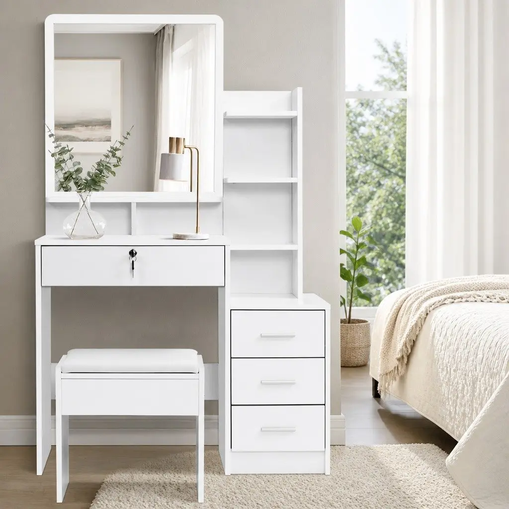 Dressing Table with Stool White 4 Drawers Vanity Makeup Dresser Storage Shelves