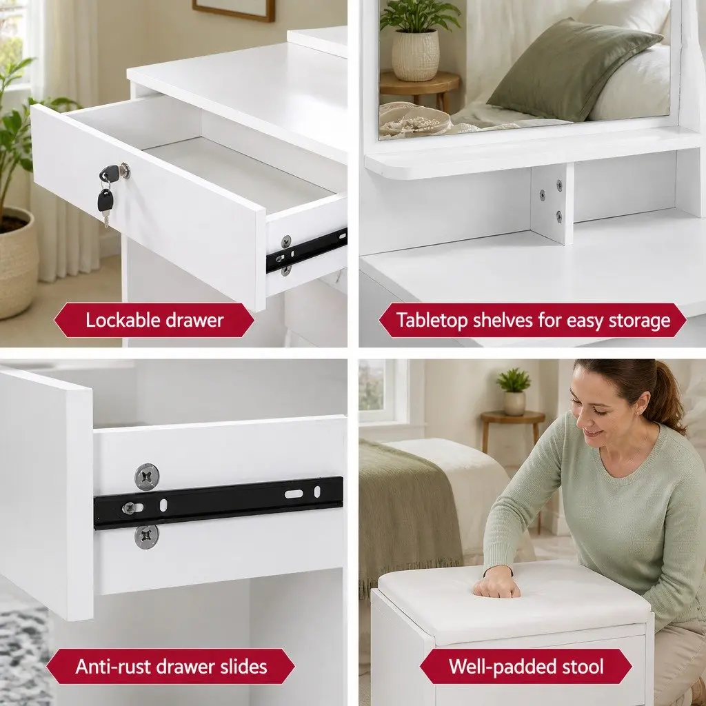 Dressing Table with Stool White 4 Drawers Vanity Makeup Dresser Storage Shelves