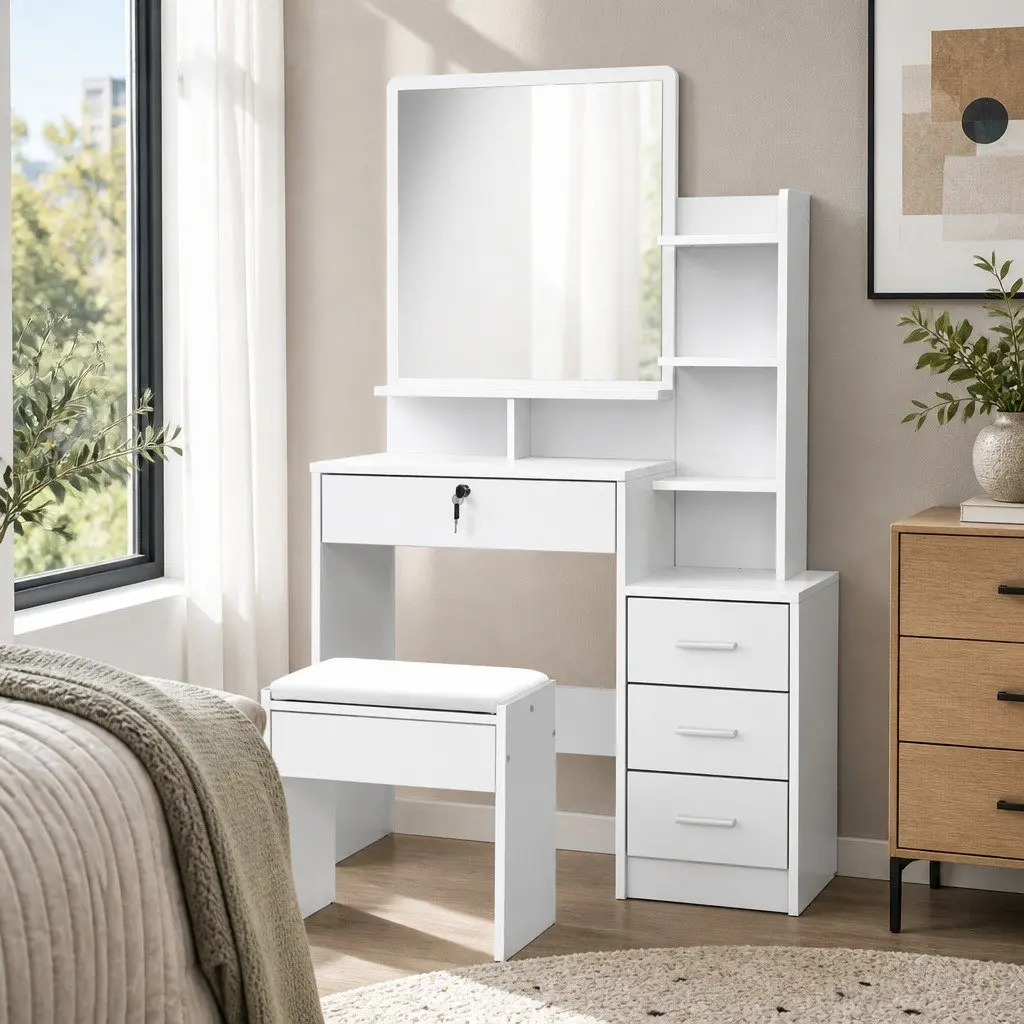 Dressing Table with Stool White 4 Drawers Vanity Makeup Dresser Storage Shelves