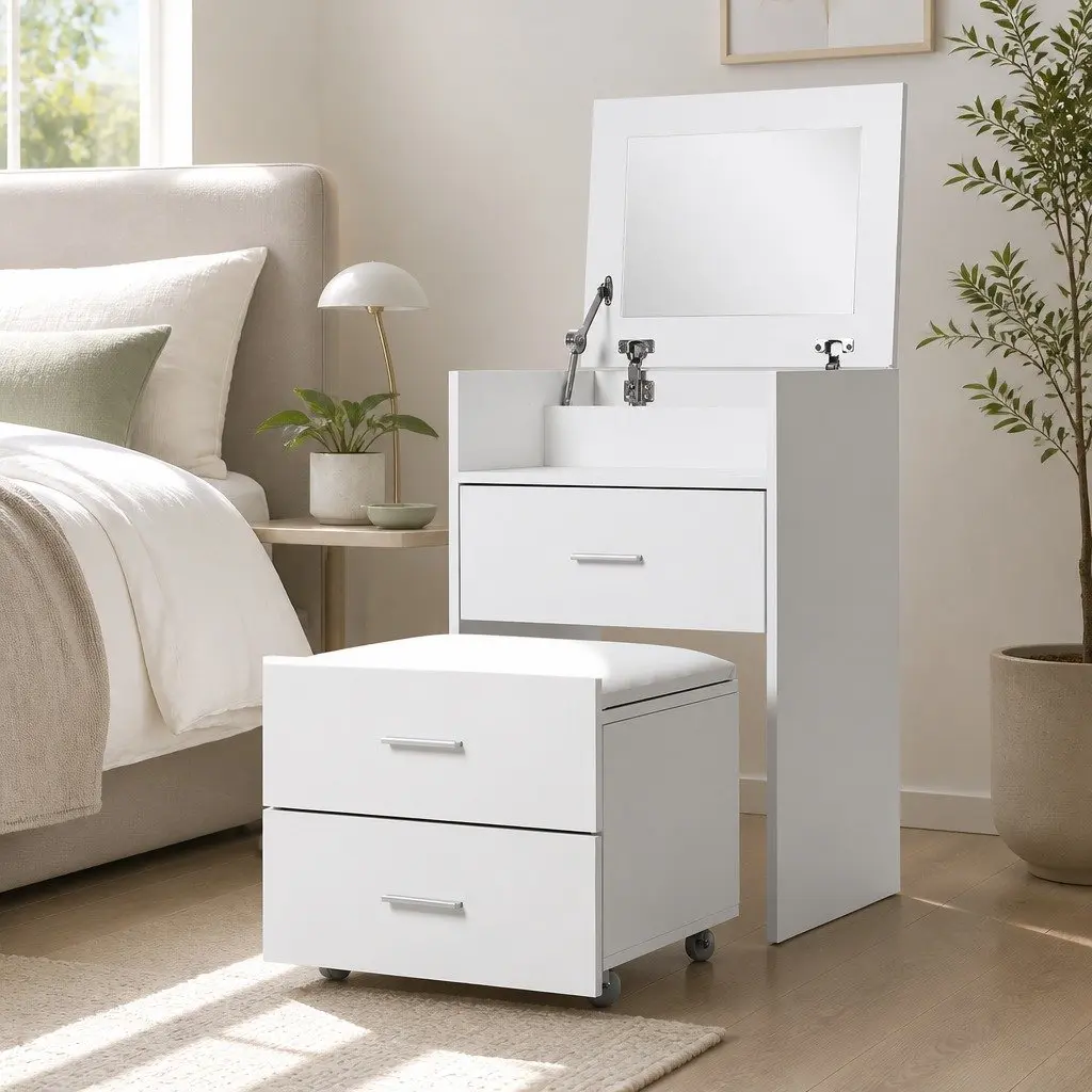 2-in-1 Bedside Dressing Table Stool Set White Bedroom Vanity Mirror Storage