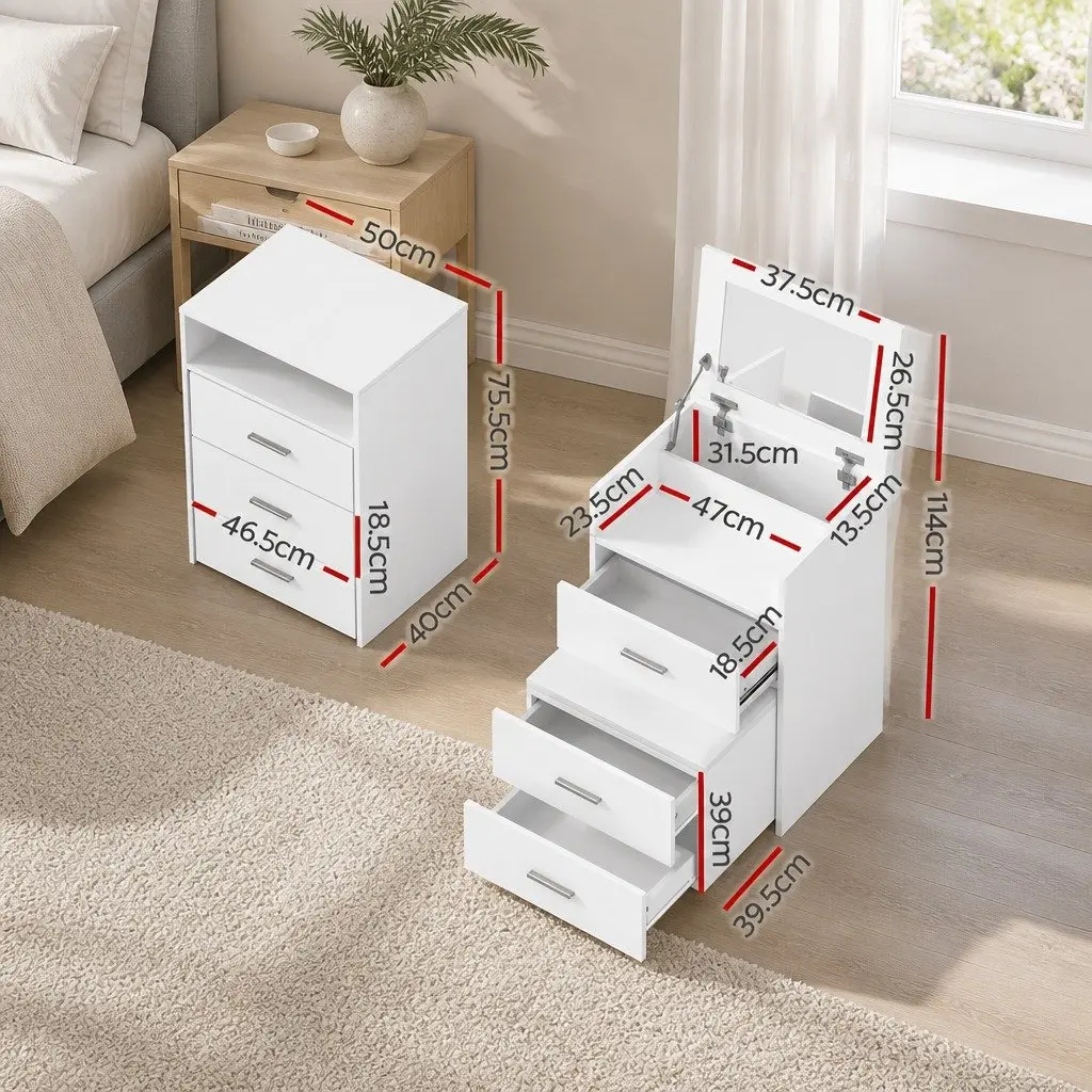 2-in-1 Dressing Table Set Modern Minimalist White Bedside Vanity with Hidden Mirror and Padded Stool