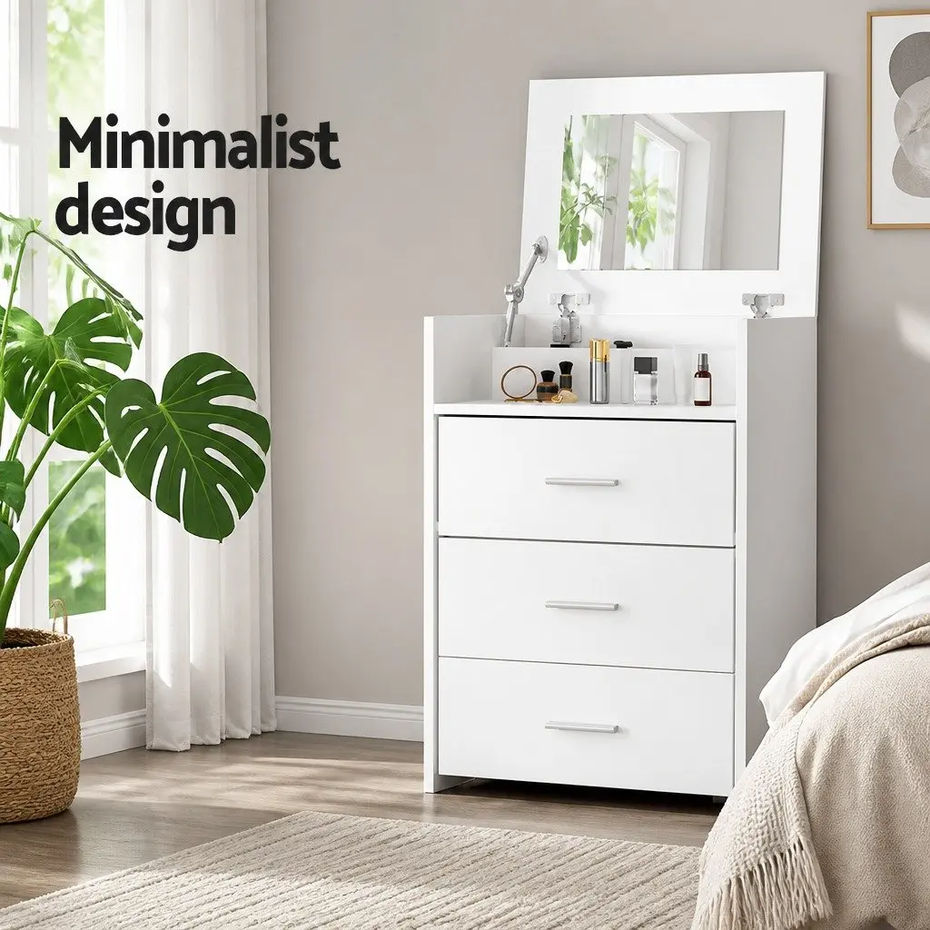 2-in-1 Dressing Table Set Modern Minimalist White Bedside Vanity with Hidden Mirror and Padded Stool