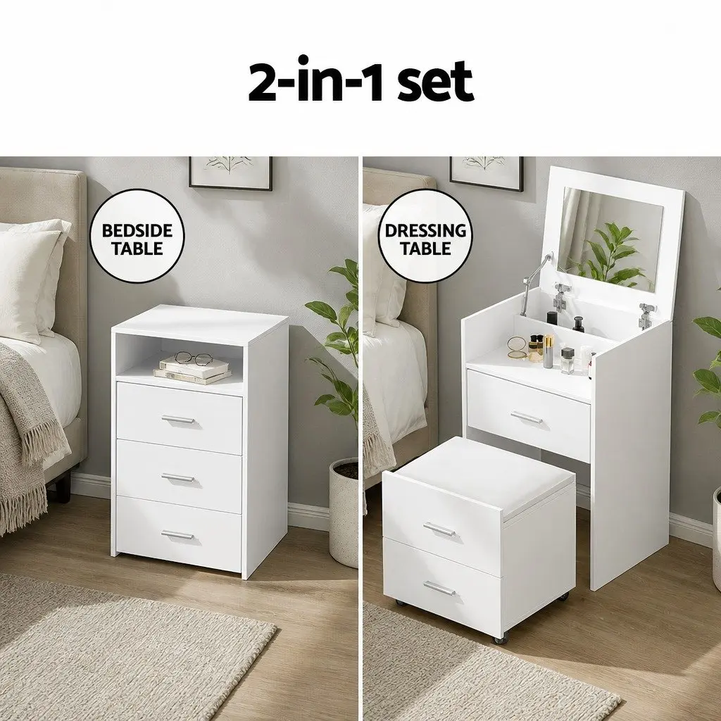 2-in-1 Dressing Table Set Modern Minimalist White Bedside Vanity with Hidden Mirror and Padded Stool