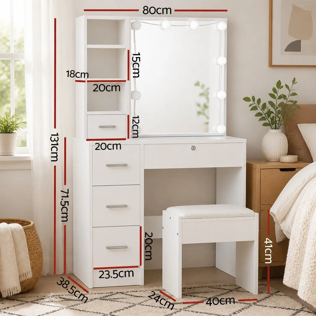 Dressing Table Set with Hollywood Mirror LED Bulbs Stool White Vanity Makeup