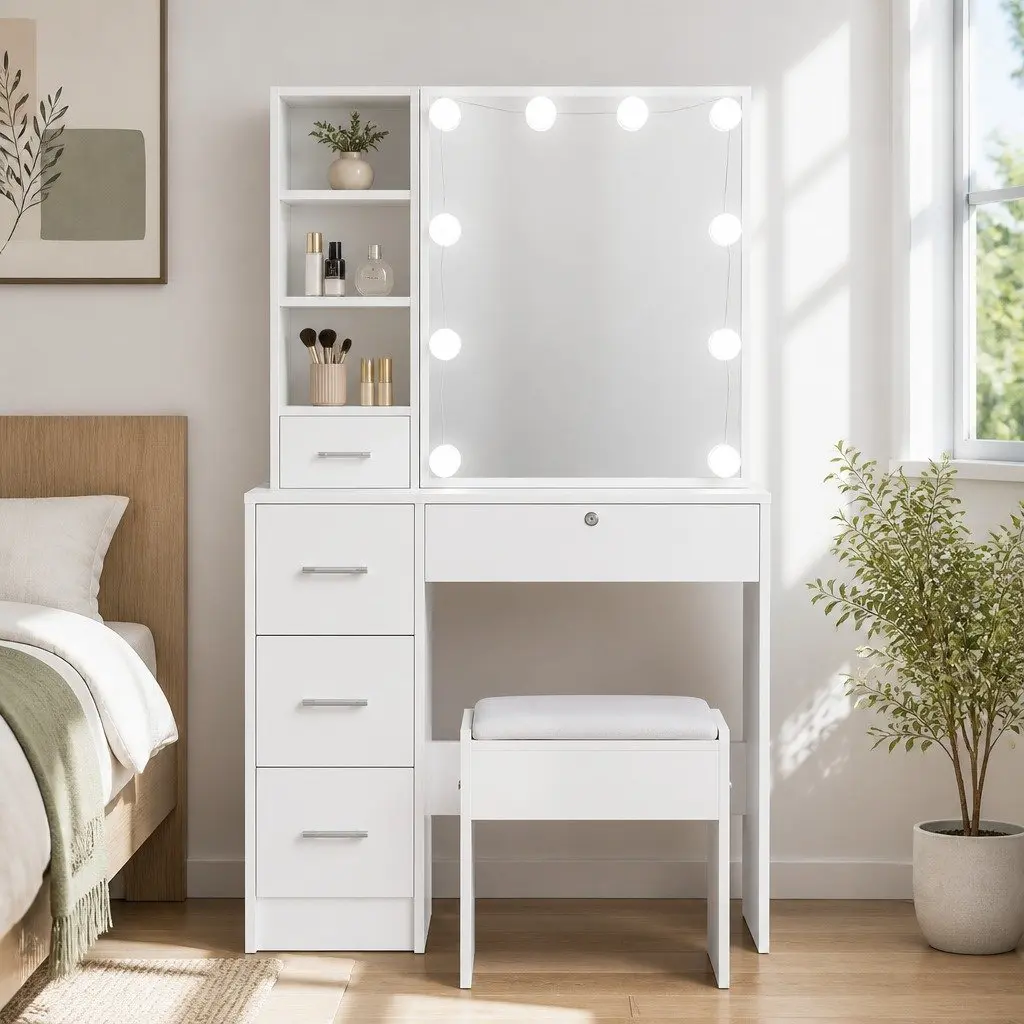 Dressing Table Set with Hollywood Mirror LED Bulbs Stool White Vanity Makeup