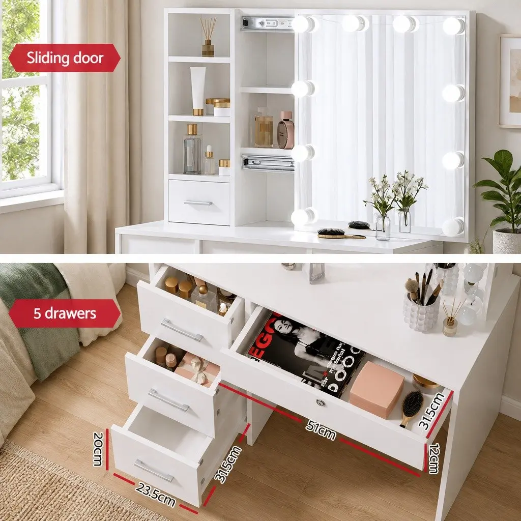 Dressing Table Set with Hollywood Mirror LED Bulbs Stool White Vanity Makeup