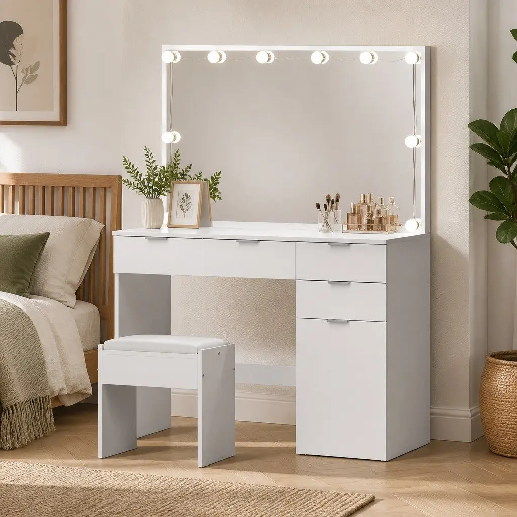 LED Dressing Table with Mirror and Stool