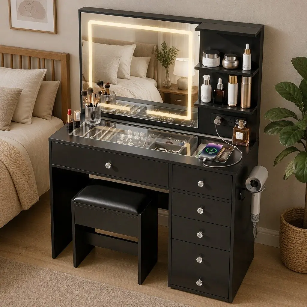 Dressing Vanity Desk with LED Mirror Makeup Table Stool Black Bedroom Furniture