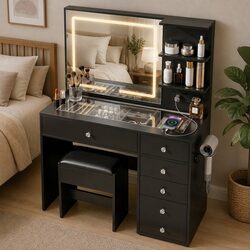 Friendly Vanity Desk with LED Mirror & Foam Stool