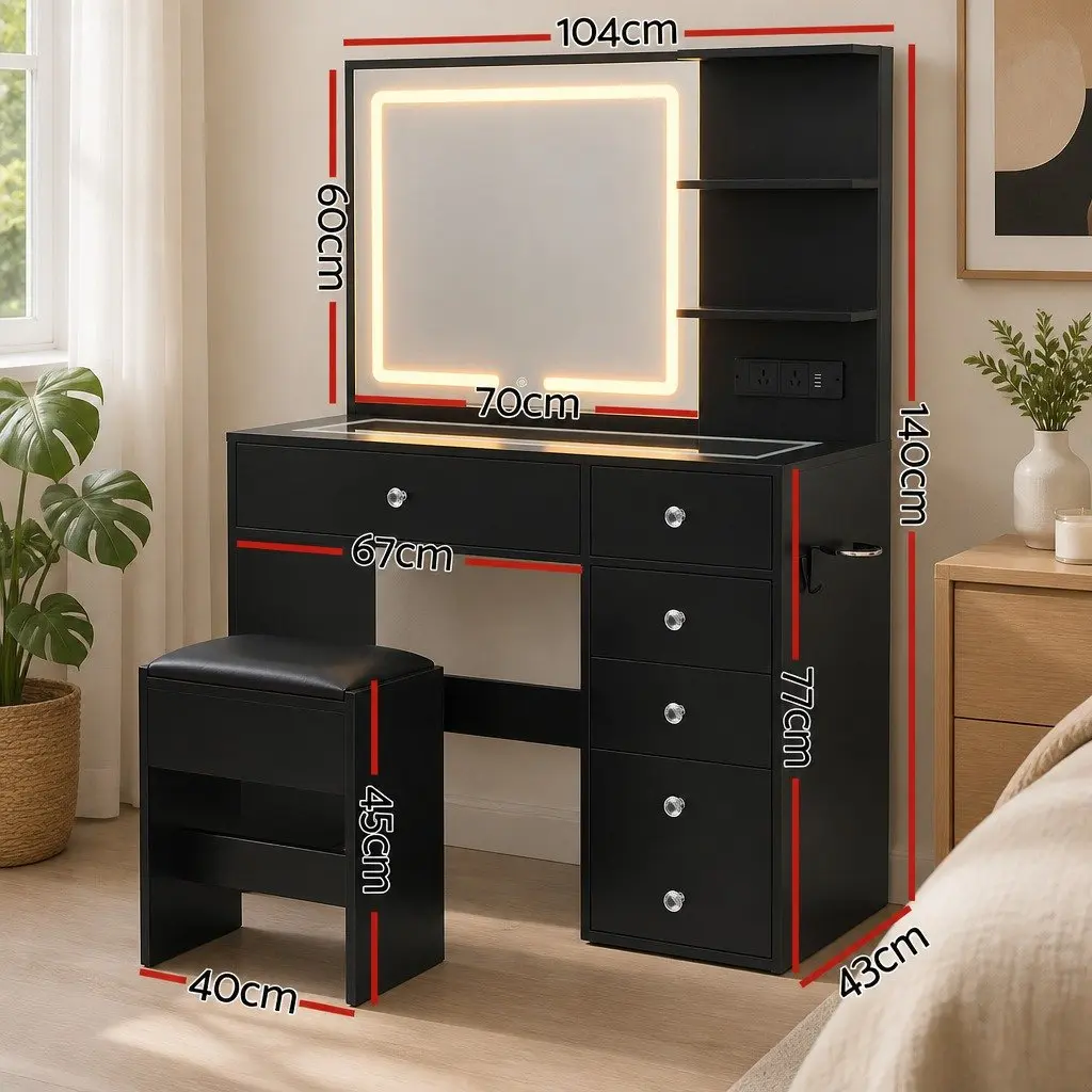Dressing Vanity Desk with LED Mirror and Storage Black 104cm W x 43cm D x 140cm H