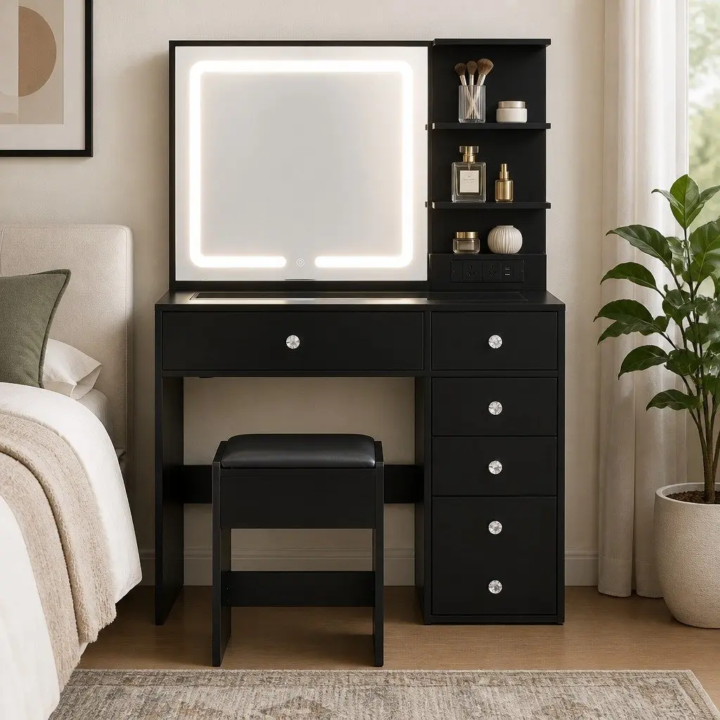 Dressing Vanity Desk with LED Mirror and Storage Black 104cm W x 43cm D x 140cm H