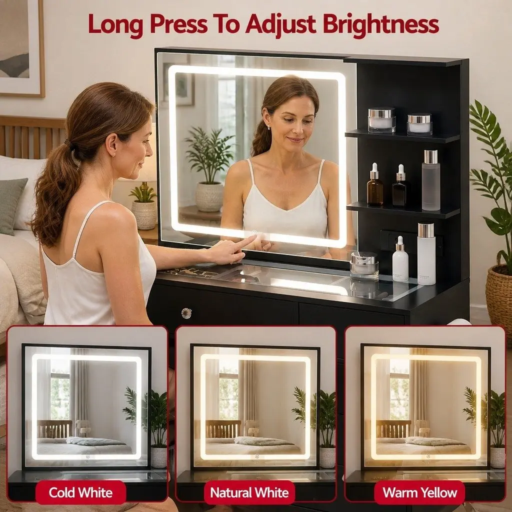 Dressing Vanity Desk with LED Mirror and Storage Black 104cm W x 43cm D x 140cm H