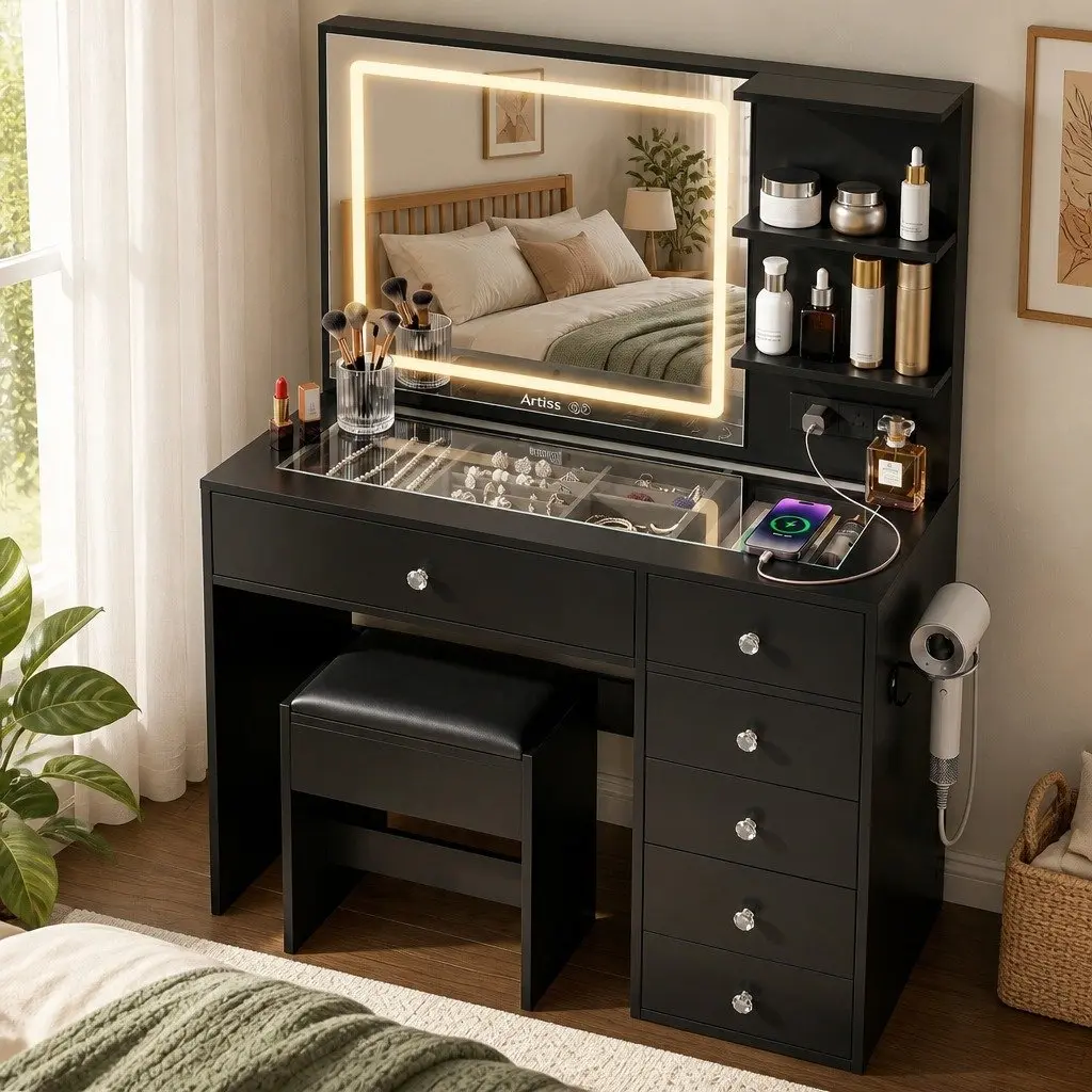 Dressing Vanity Desk with LED Mirror and Storage Black 104cm W x 43cm D x 140cm H