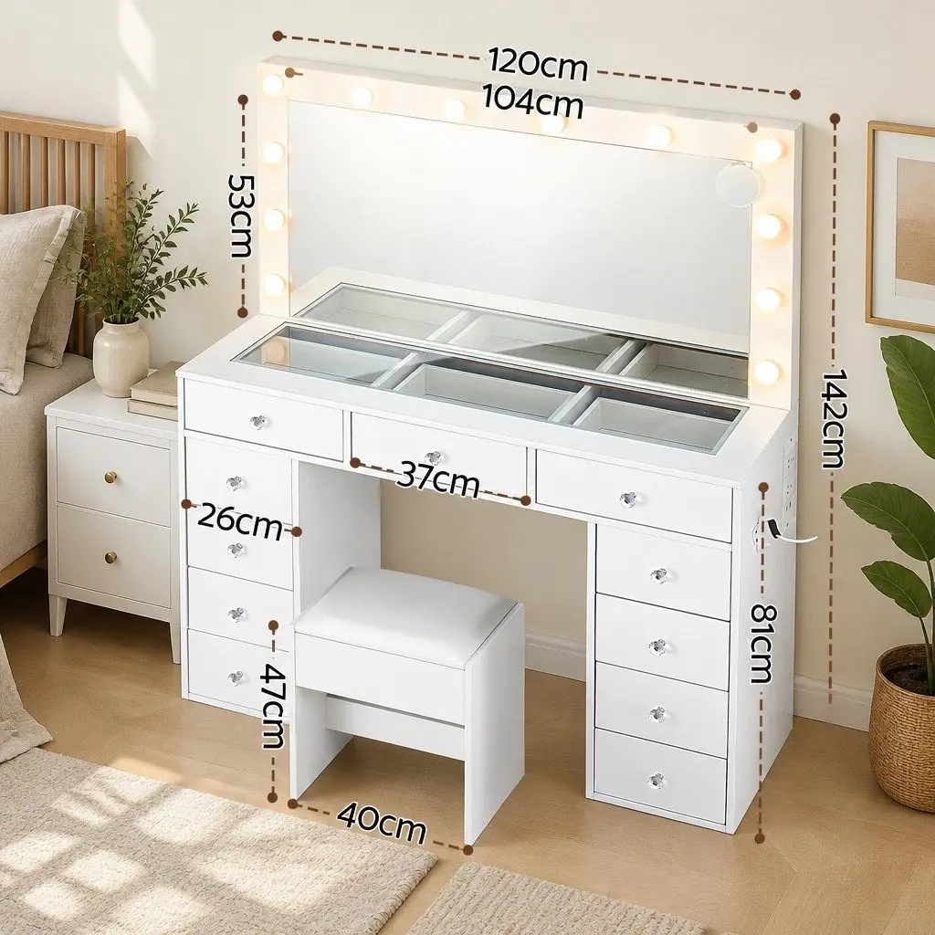 Dressing Vanity Table LED Mirror White 120cm with 11 Drawers and Stool