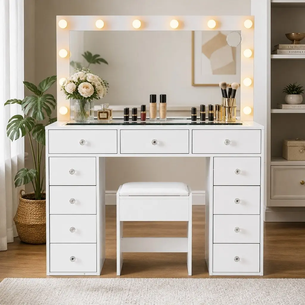 Dressing Vanity Table LED Mirror White 120cm with 11 Drawers and Stool
