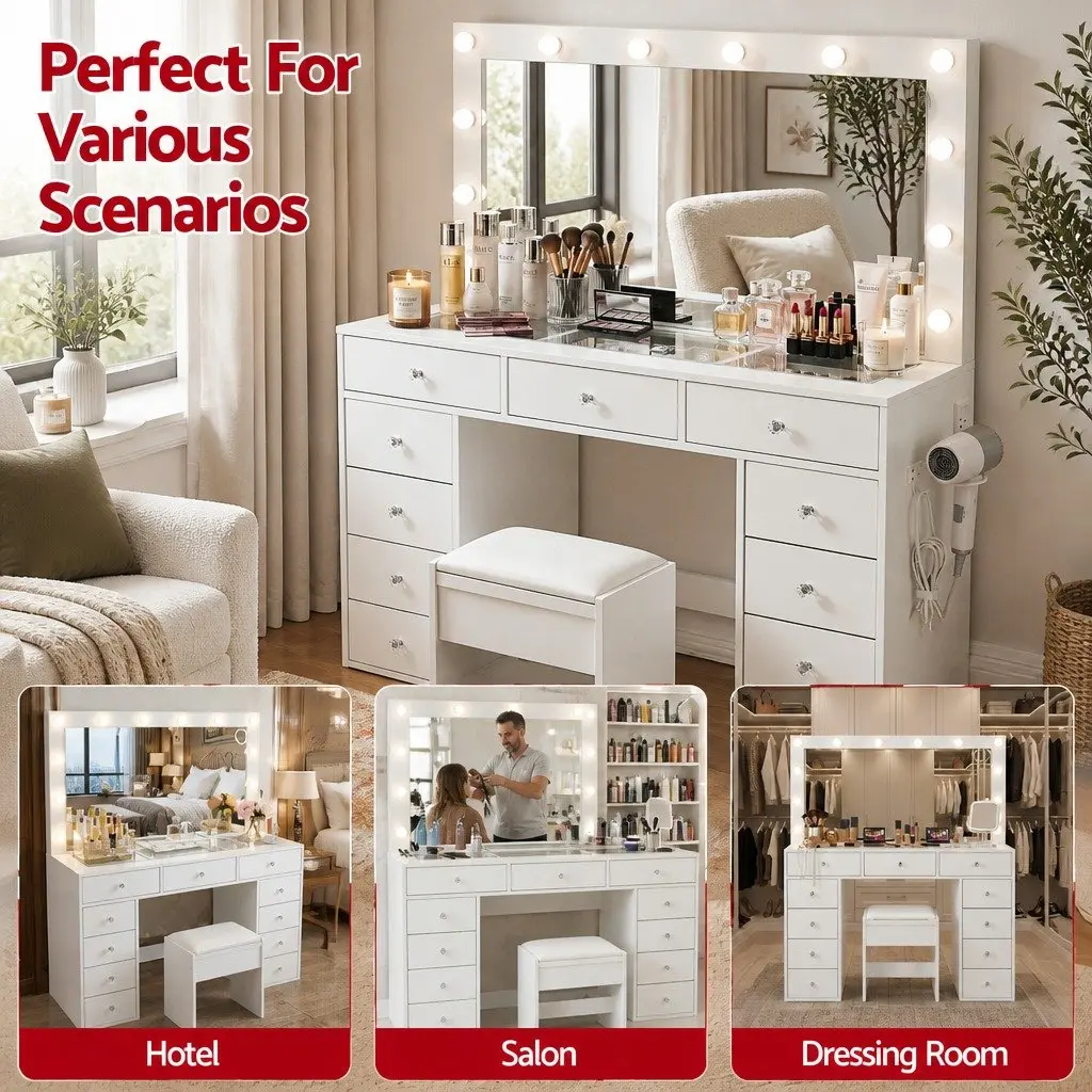 Dressing Vanity Table LED Mirror White 120cm with 11 Drawers and Stool