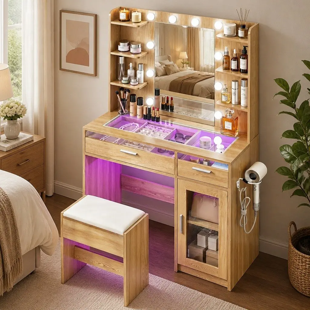 Dressing Table Vanity Desk Hollywood LED Mirror Adjustable Colour 90cm x 40cm x 142cm with Storage Drawers and Foam Padded Stool