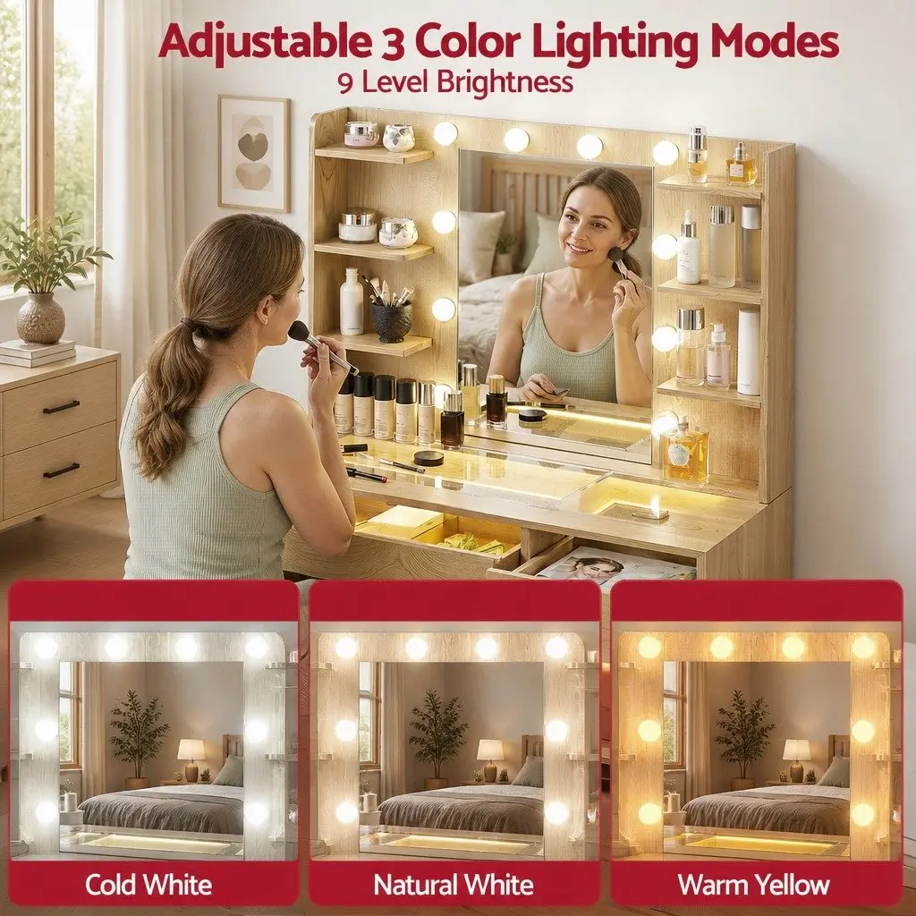 Dressing Table Vanity Desk Hollywood LED Mirror Adjustable Colour 90cm x 40cm x 142cm with Storage Drawers and Foam Padded Stool