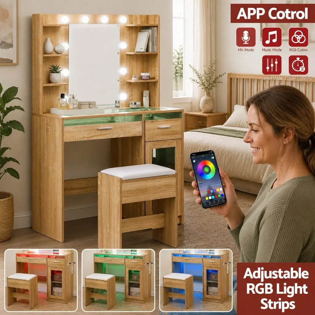 Dressing Table Vanity Desk Hollywood LED Mirror Adjustable Colour 90cm x 40cm x 142cm with Storage Drawers and Foam Padded Stool