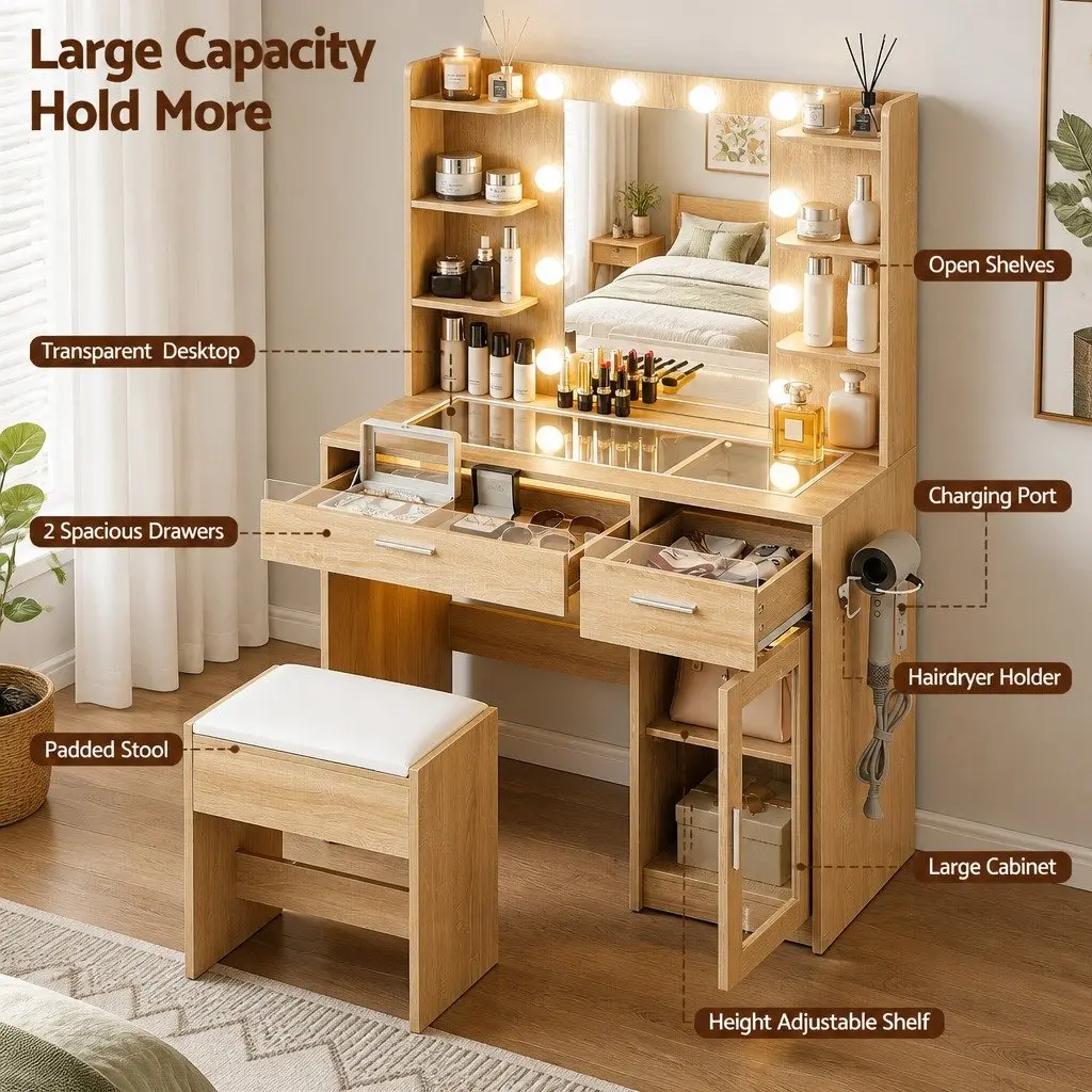 Dressing Table Vanity Desk Hollywood LED Mirror Adjustable Colour 90cm x 40cm x 142cm with Storage Drawers and Foam Padded Stool