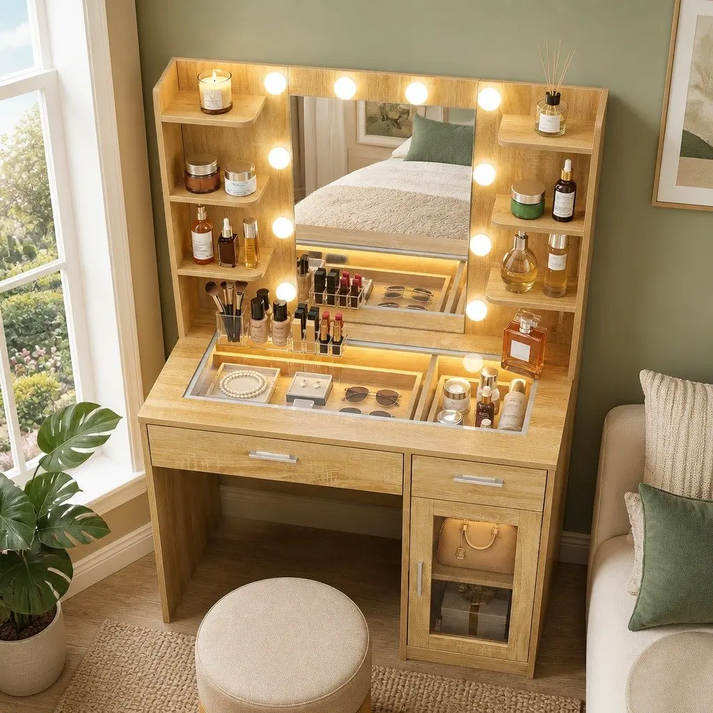 Dressing Table Vanity Desk Hollywood LED Mirror Adjustable Colour 90cm x 40cm x 142cm with Storage Drawers and Foam Padded Stool