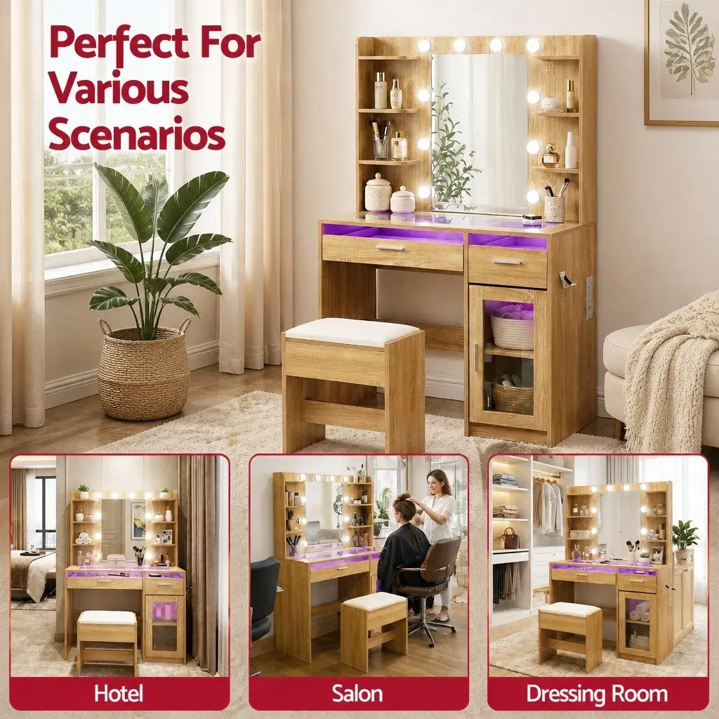 Dressing Table Vanity Desk Hollywood LED Mirror Adjustable Colour 90cm x 40cm x 142cm with Storage Drawers and Foam Padded Stool