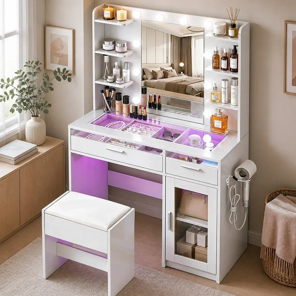 Dressing Table Vanity Desk with Hollywood Mirror and 10 LED Bulbs Adjustable RGB Light White 90cm x 40cm x 142cm