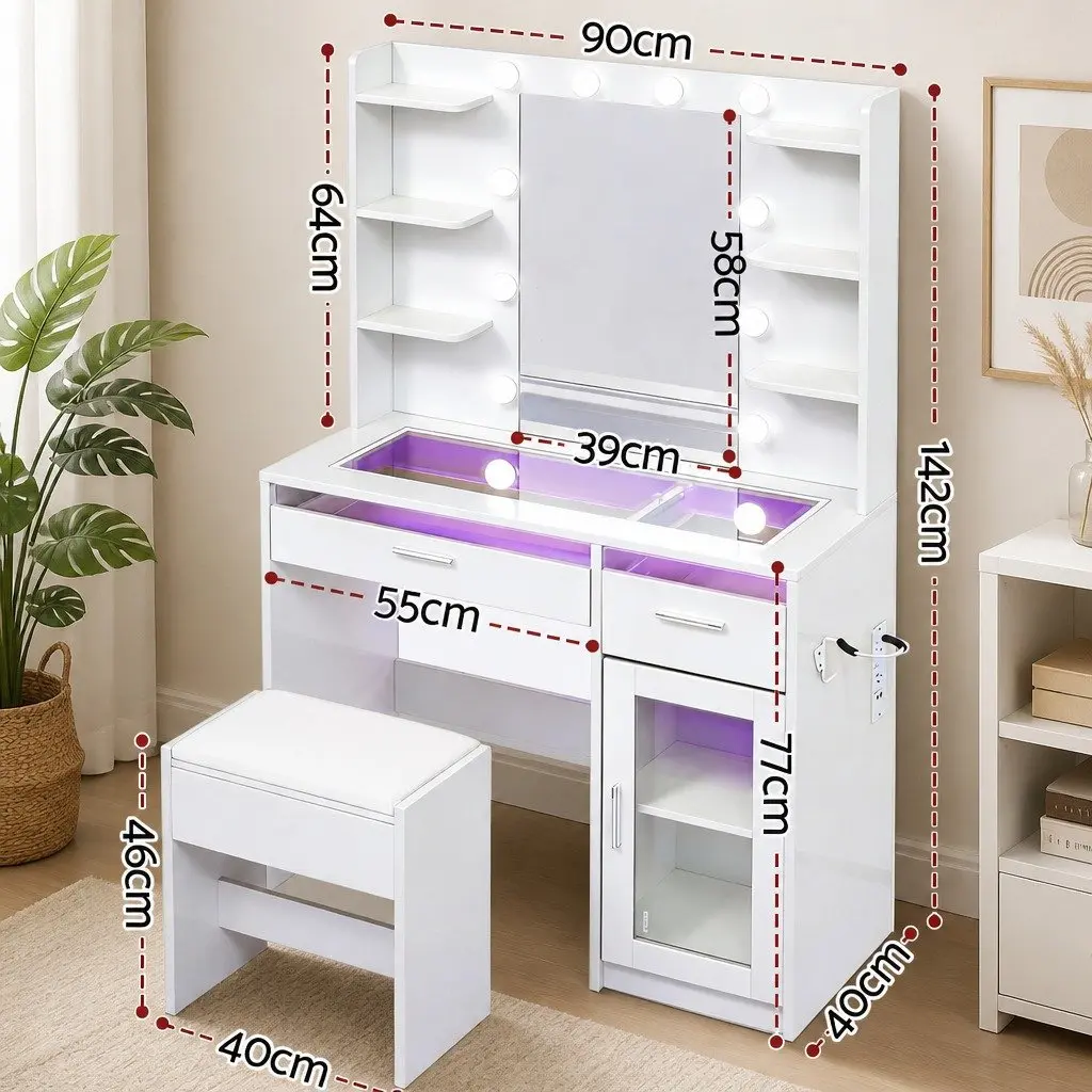 Dressing Table Vanity Desk with Hollywood Mirror and 10 LED Bulbs Adjustable RGB Light White 90cm x 40cm x 142cm
