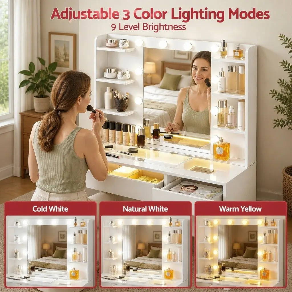 Dressing Table Vanity Desk with Hollywood Mirror and 10 LED Bulbs Adjustable RGB Light White 90cm x 40cm x 142cm