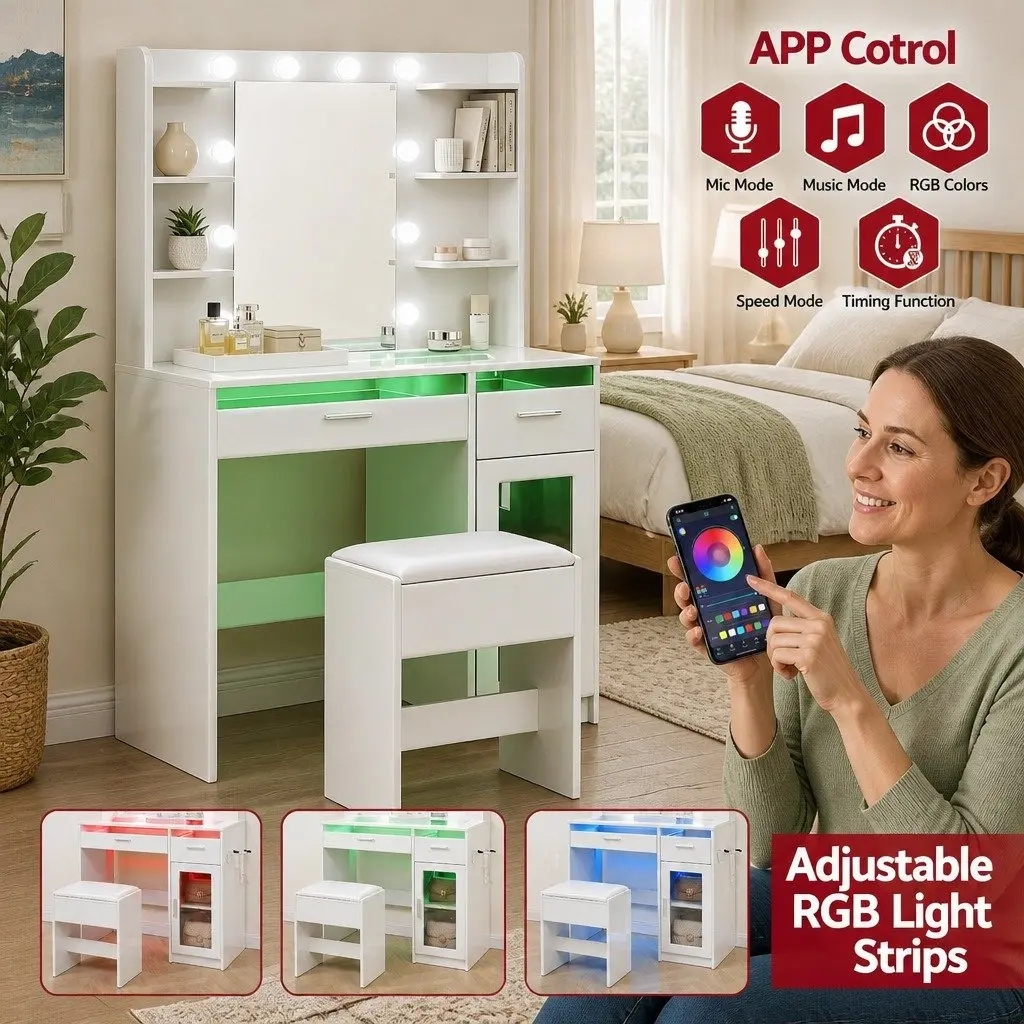 Dressing Table Vanity Desk with Hollywood Mirror and 10 LED Bulbs Adjustable RGB Light White 90cm x 40cm x 142cm