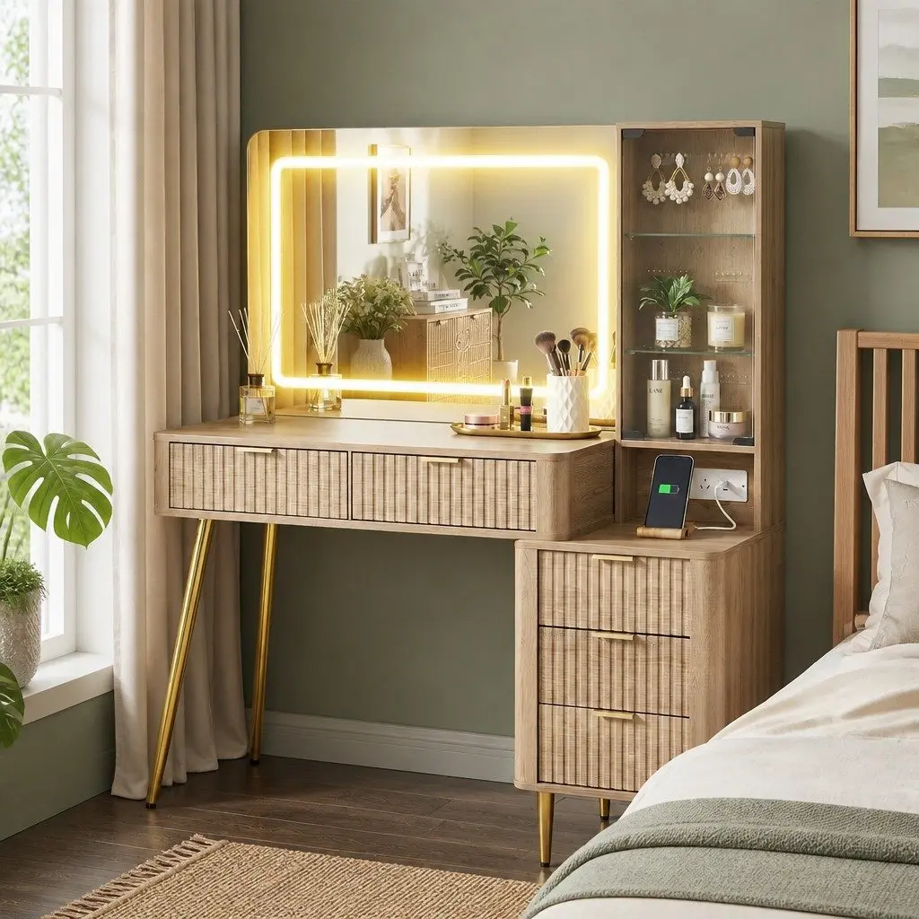 Dressing Table LED Vanity Desk with Charging Station Bedroom Makeup Mirror