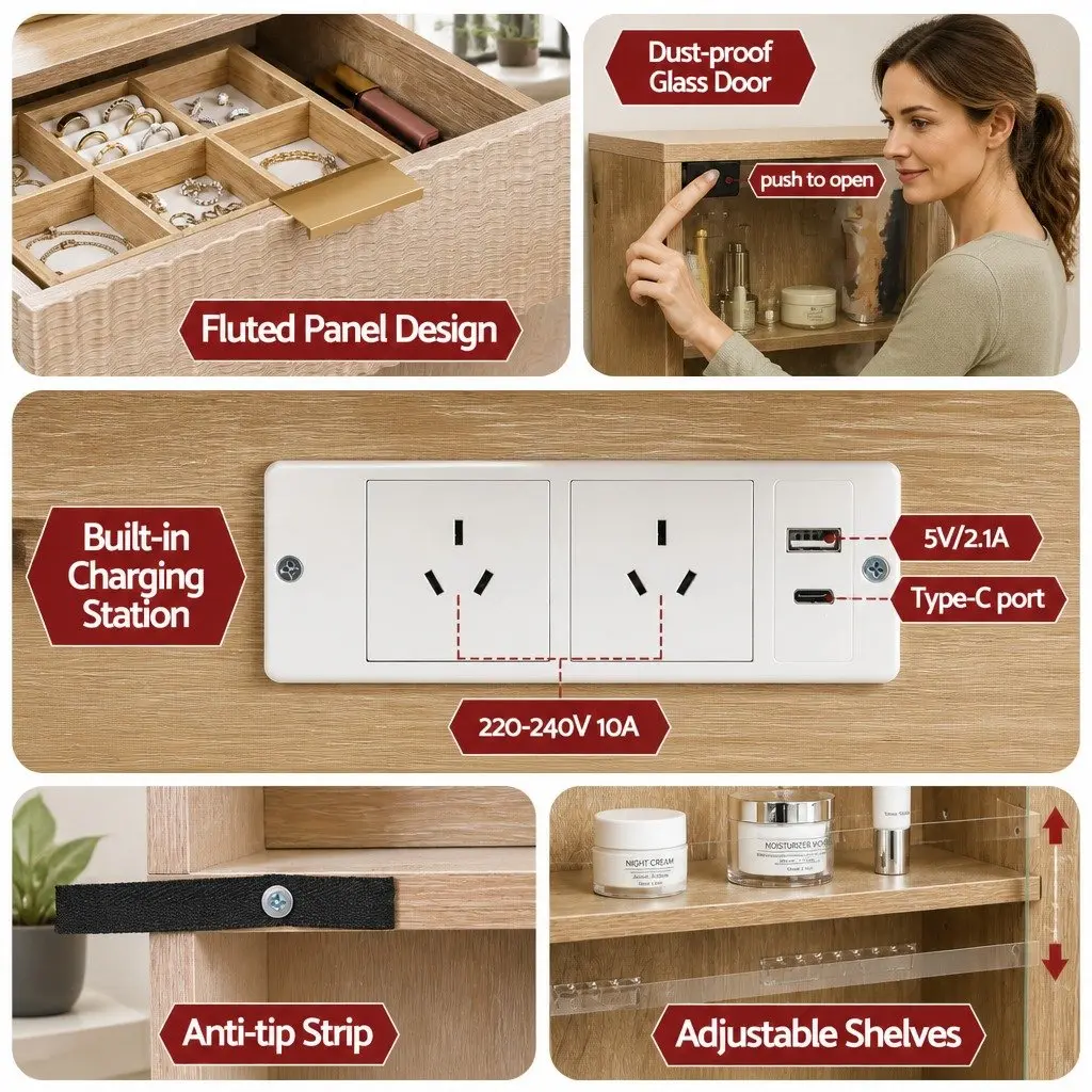 Dressing Table LED Vanity Desk with Charging Station 121cm x 40cm x 136cm