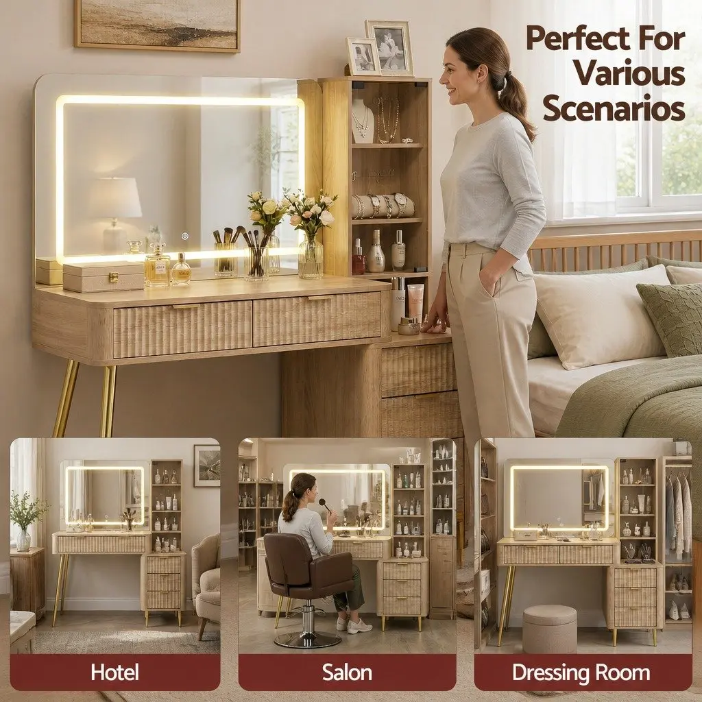 Dressing Table LED Vanity Desk with Charging Station 121cm x 40cm x 136cm