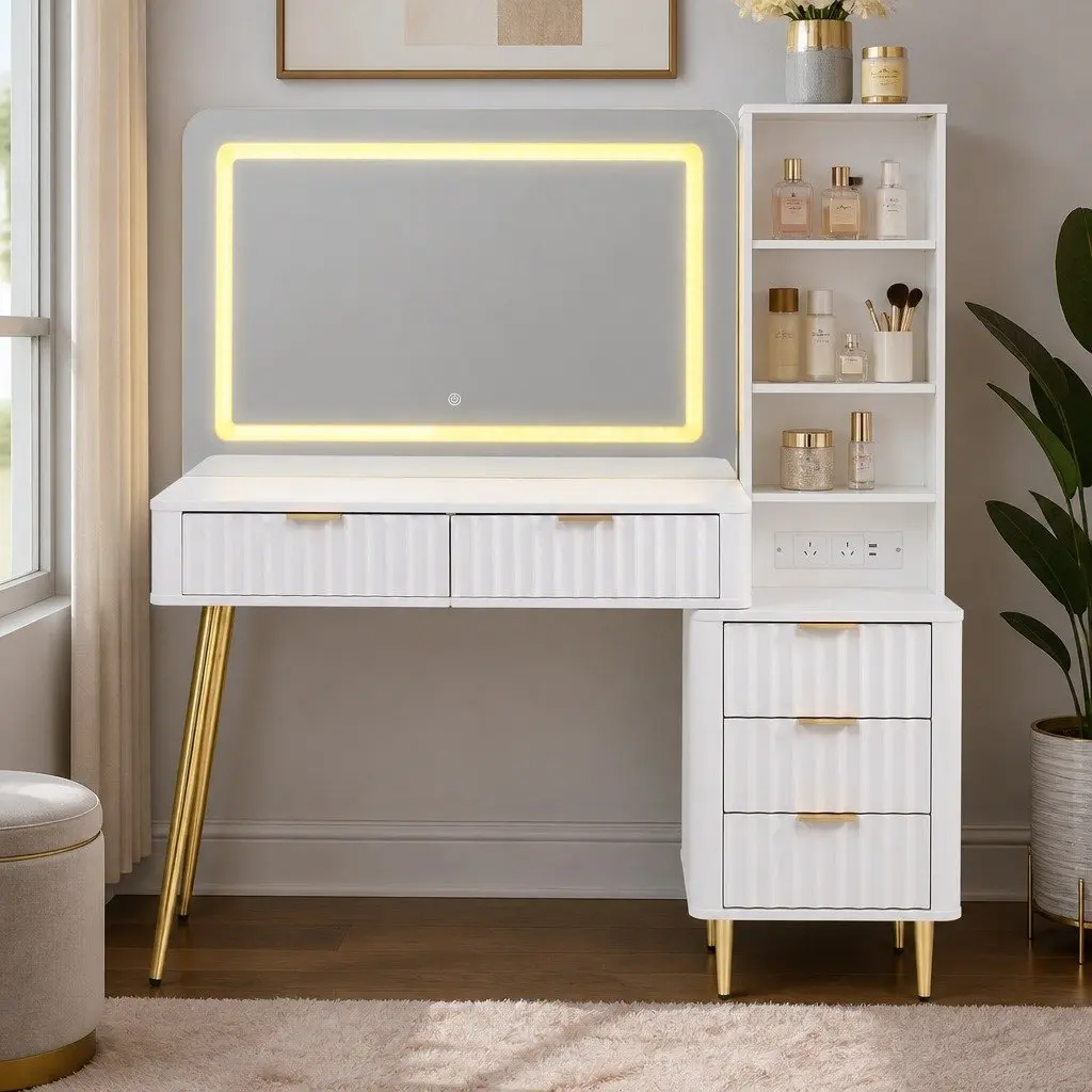 Dressing Table LED Vanity Desk with Charging Station White 121cm x 40cm x 136cm