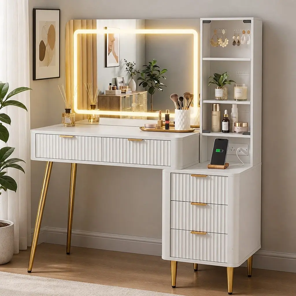 Dressing Table LED Vanity Desk with Charging Station White 121cm x 40cm x 136cm