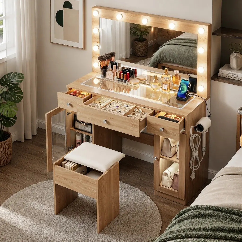 Dressing Table Vanity Desk with LED Hollywood Mirror RGB Bulbs Wood Drawers 105cm x 40cm x 135cm