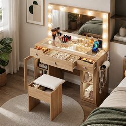Dressing Table Vanity Desk with LED Hollywood Mirror RGB Bulbs Wood Drawers