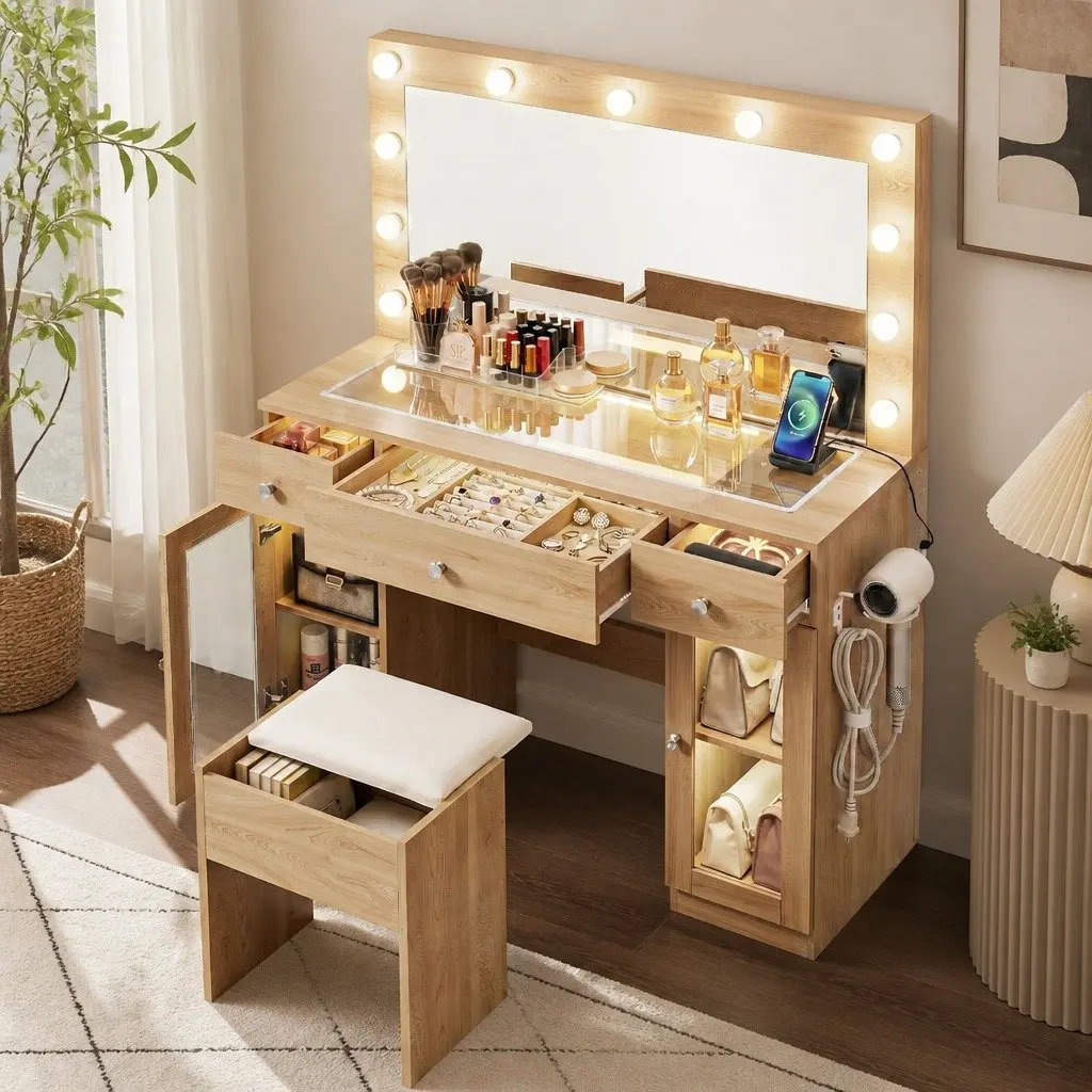 Dressing Table Vanity Desk with LED Hollywood Mirror RGB Bulbs Wood Drawers 105cm x 40cm x 135cm