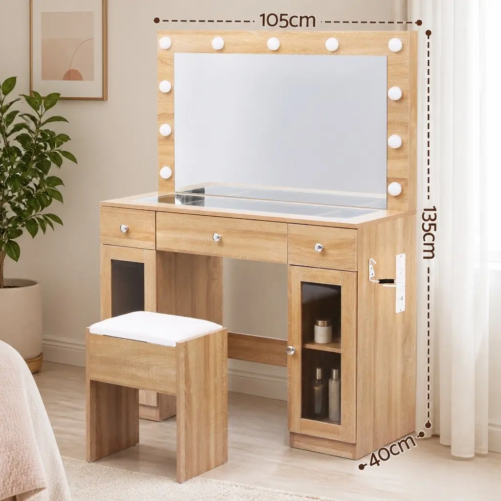 Dressing Table Vanity Desk with LED Hollywood Mirror RGB Bulbs Wood Drawers 105cm x 40cm x 135cm