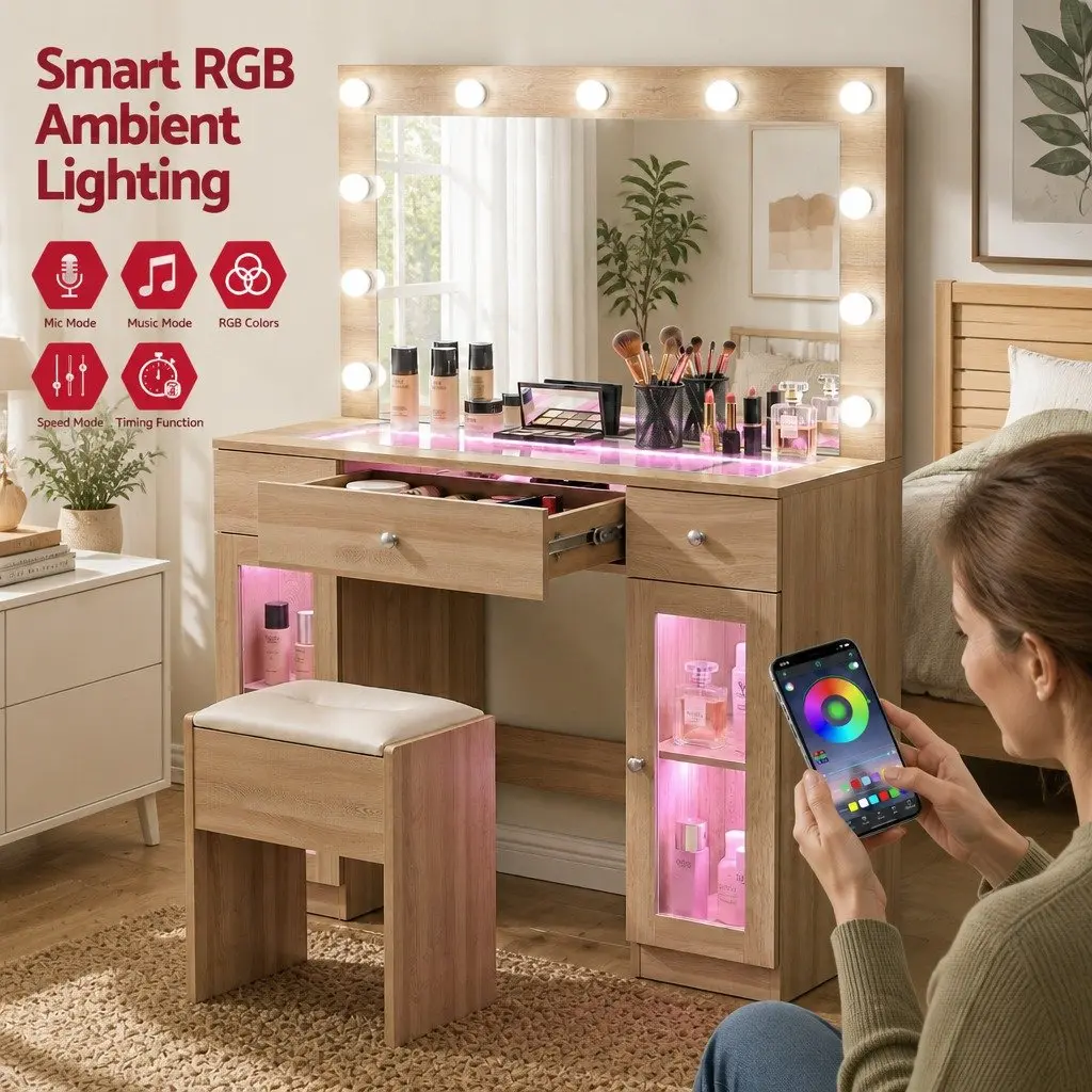 Dressing Table Vanity Desk with LED Hollywood Mirror RGB Bulbs Wood Drawers 105cm x 40cm x 135cm