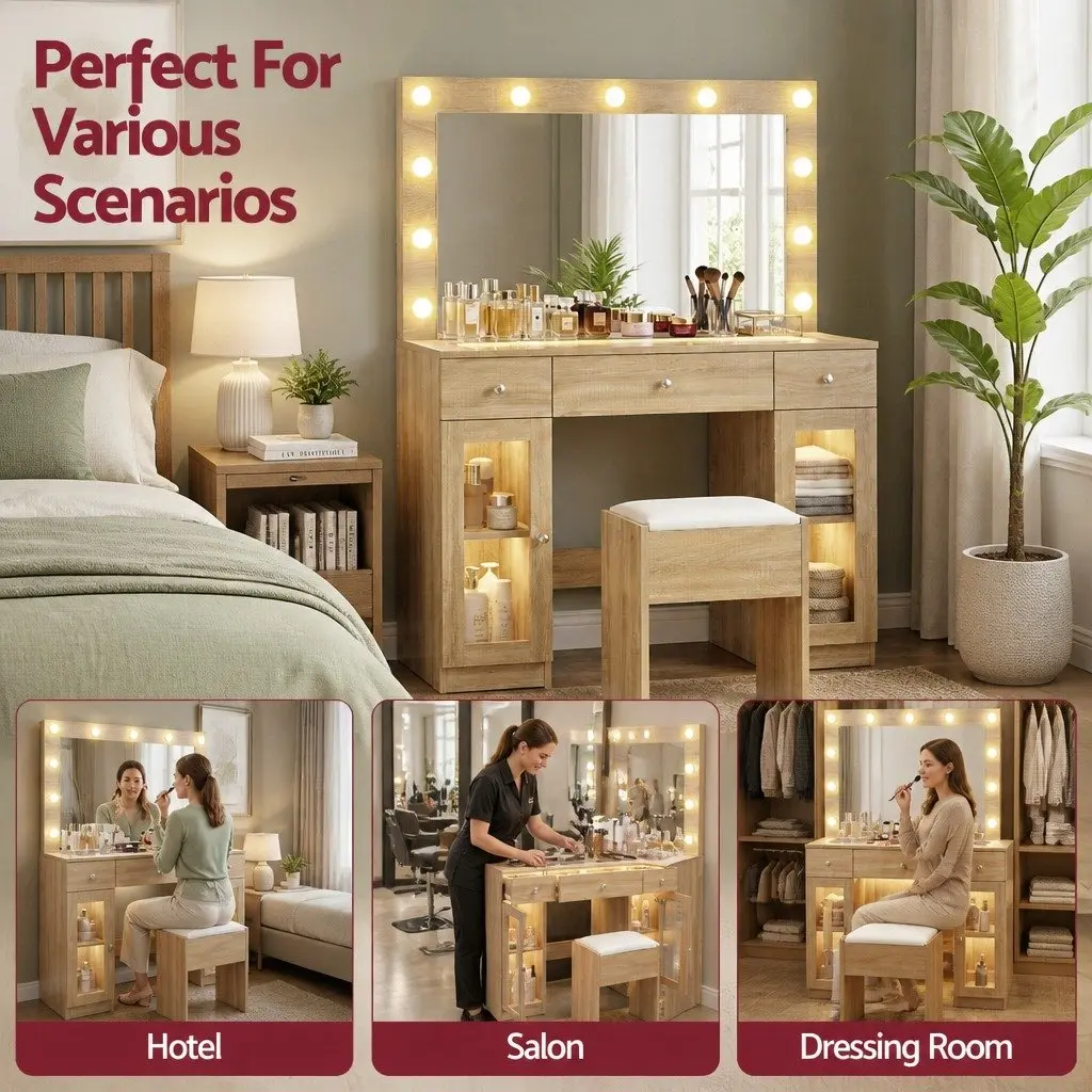Dressing Table Vanity Desk with LED Hollywood Mirror RGB Bulbs Wood Drawers 105cm x 40cm x 135cm