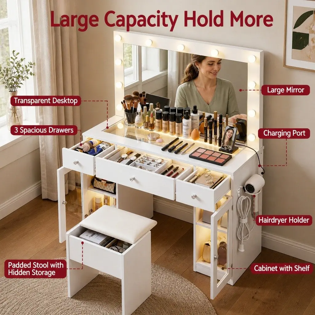 Dressing Table Vanity Desk Hollywood Mirror with LED Bulbs RGB Light White