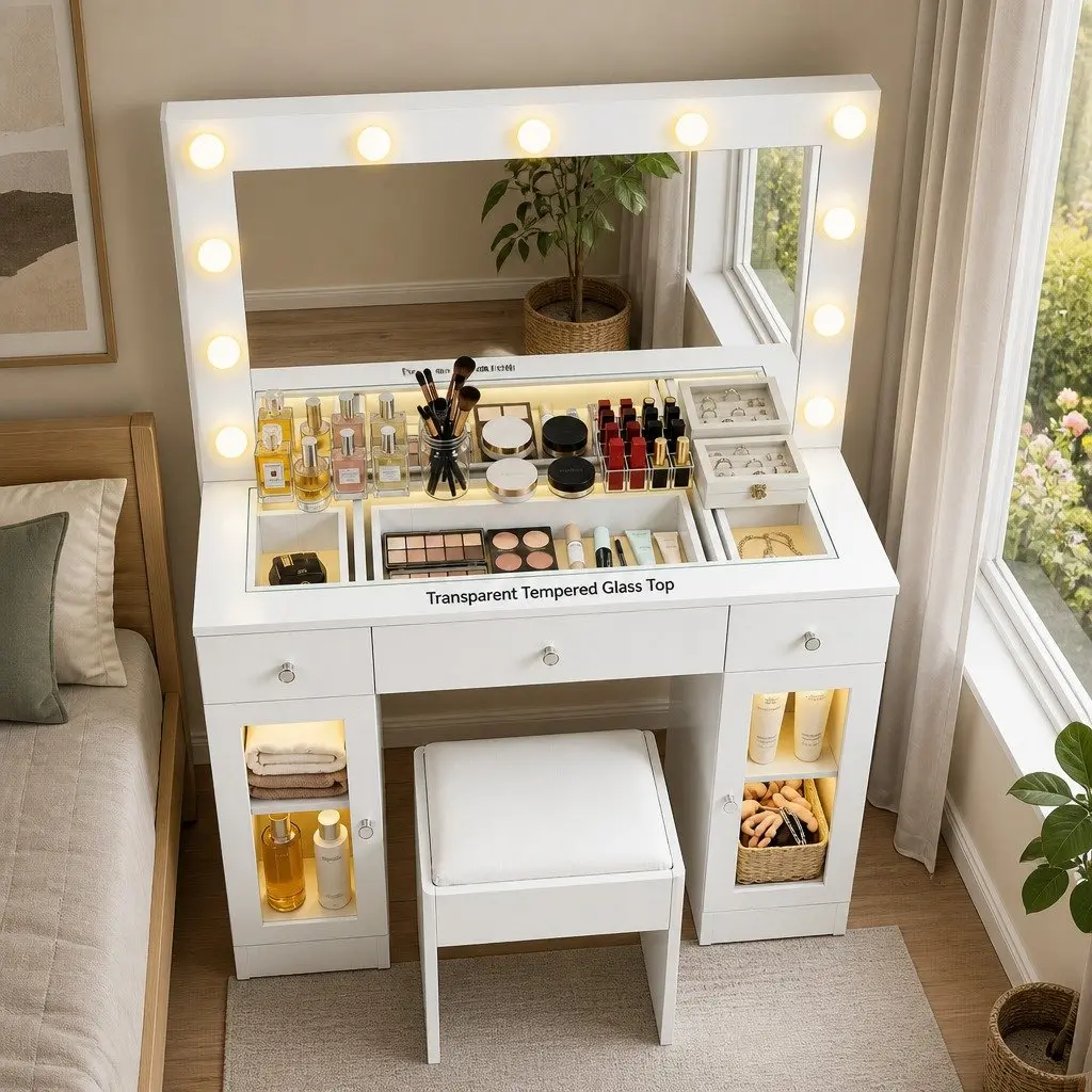 Dressing Table Vanity Desk Hollywood Mirror with LED Bulbs RGB Light White
