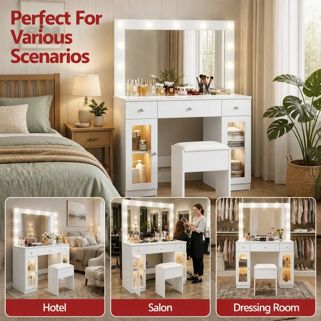 Dressing Table Vanity Desk Hollywood Mirror with LED Bulbs RGB Light White