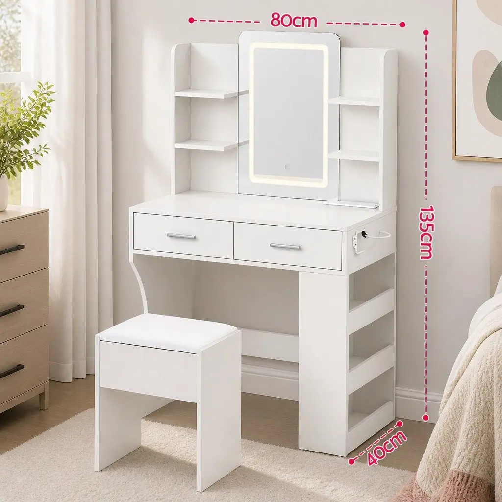 LED Vanity Dressing Table with Mirror and Stool Compact White Bedroom Furniture